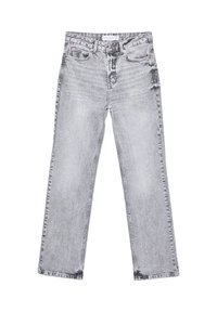 Jean gris clair à jambe droite avec fermeture à boutons sur le devant, cinq poches et texture légèrement délavée, taille 38.