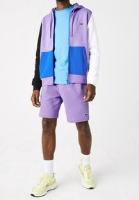 Felpa con zip viola e blu con maniche nere e bianche, abbinata a pantaloni corti viola e sneaker gialli. Materiale in cotone, design casual.