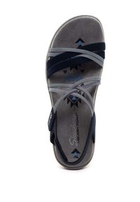 Sandali navy e grigi con molte cinghie incrociate, suola in schiuma memory e superficie testurizzata con motivi geometrici. Cinturino alla caviglia regolabile.