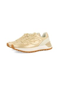 Zapatillas de satén dorado con cordones intrincados, suela de goma y acentos en crema. Punta redondeada y suela texturizada para un mejor agarre.