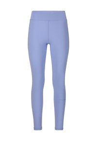Ljust blåa träningsleggings med hög midja, slät yta, sömlös design och subtila perforeringar längs sidorna.
