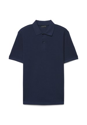 Polo a maniche corte blu navy con tessuto strutturato, abbottonatura con due bottoni e colletto classico, disteso su sfondo bianco.