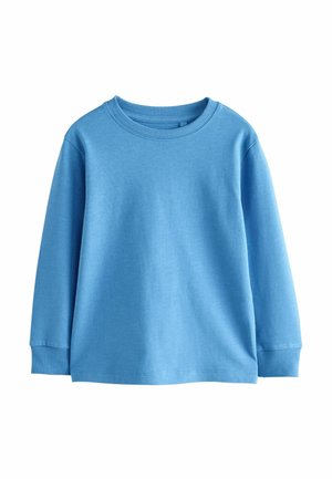 Blauwe lange mouw sweatshirt, gemaakt van zachte katoen. Heeft een geribde ronde hals en manchetten, met een gladde textuur en geen zichtbare patronen.
