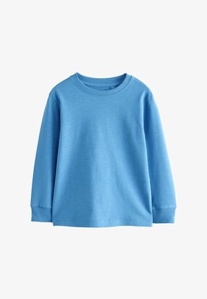 Plavi dukserica dugih rukava, napravljena od mekanog pamuka. Ima rebrasti okrugli izrez i manžetne, s glatkom teksturom i bez vidljivih uzoraka.