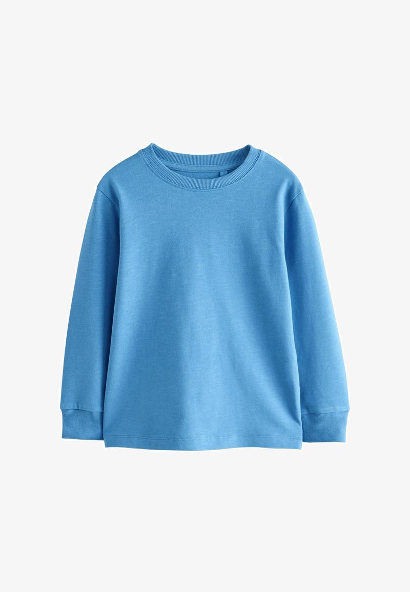 Kék hosszú ujjú pulóver, puha pamutból készült. Bordás kerek nyakkivágással és mandzsettákkal rendelkezik, sima felületű, látható minták nélkül.