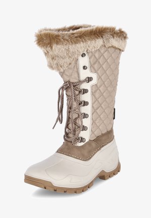Beige waterproof boot with quilted fabric and faux fur cuff, lace-up front, rubber sole, and contrasting tan accents.
