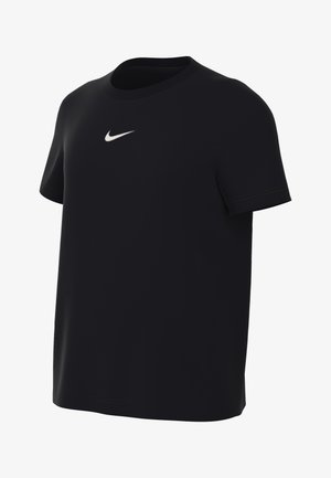 T-shirt preto de manga curta da Nike, feito de um tecido suave, com um pequeno logo branco da Nike no peito e decote canelado.