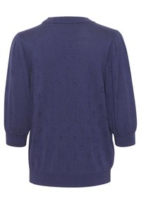Mörkblått stickat pullover med rund halsringning, trekvartslånga puffärmar och hullingmönster genom hela tyget.