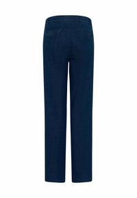 Jean droit bleu marine avec une taille haute, poches arrière avec rivets en laiton et une texture denim lisse.