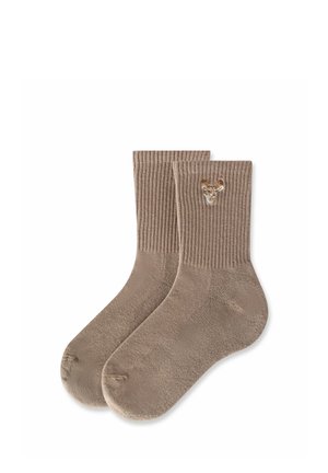 Pair of beige ribbed socks with a small embroidered deer head on the cuff, displayed on a white background.