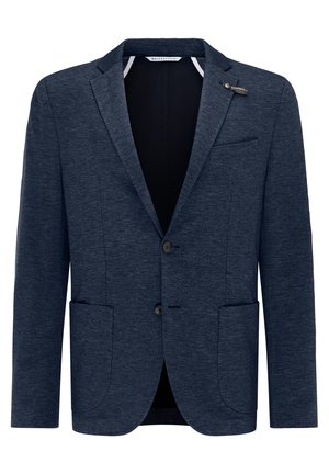 Navy blazer made of textured fabric, featuring two front pockets, a notched lapel, two buttons, and a decorative pin accent on the lapel.