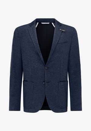 Navy blazer made of textured fabric, featuring two front pockets, a notched lapel, two buttons, and a decorative pin accent on the lapel.