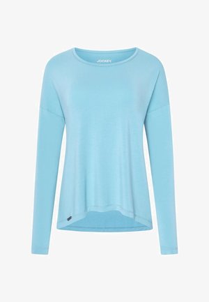 Jasnoniebieska koszula z długim rękawem, wykonana z miękkiego materiału, z okrągłym dekoltem, opadającymi ramionami i lekko zaokrąglonym dołem. Mały akcent logo z boku.