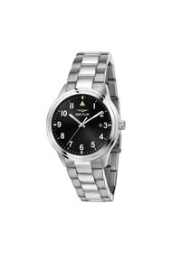 Orologio in acciaio inox argentato con un quadrante analogico nero, dettagli bianchi evidenti per le ore e visualizzazione della data alle 3. Bracciale in metallo spazzolato.