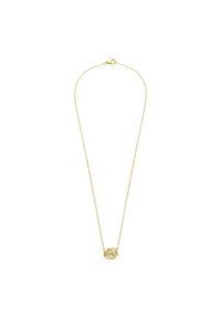 Goldene Halskette mit einem gedrehten Anhängerdesign, versehen mit einer Kette und einem Verschluss. Der Anhänger hat komplexe Schleifenmuster.