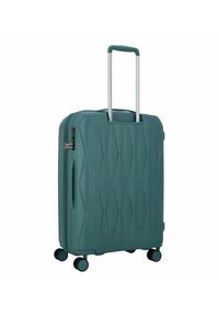 Maleta rígida de color azul verdoso con un patrón de diamantes texturizado, cuatro ruedas, asa lateral y asa telescópica extensible.