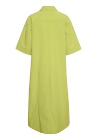 Abito verde lime a maniche corte con colletto, taglio dritto e dettaglio della cucitura posteriore; realizzato in un tessuto liscio e leggero.