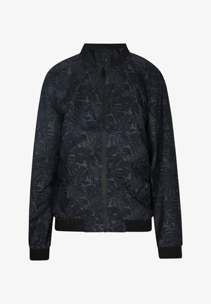 Črna bombarderska jakna z temnim vzorcem listov, s prednjim zadrgo, rebrastimi manšeti in robom. Narejena iz lahkega materiala s gladko teksturo.