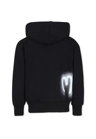 Zwarte hoodie met geribbelde manchetten. Voorkant is voorzien van een wit gespoten ontwerp op de onderste rug. Gemaakt van zachte, gestructureerde stof.