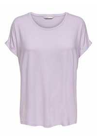 T-shirt à manches courtes de couleur lavande clair fabriqué en tissu doux, avec un col rond et des poignets retroussés. Coupe simple et décontractée, sans motifs.