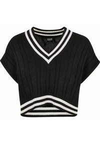 Schwarzer, cropped Pullover mit Kabelstrick-Textur, weitem V-Ausschnitt und kurzen Ärmeln. Verfügt über weiße gestreifte Akzente am Halsausschnitt und Saum.