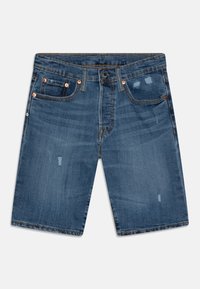 Džínové šortky středně modré barvy s vyšisovaným vzhledem. Mají tkané okraje, pět kapes a měděné nýty v přední části. Obsahují také opotřebené detaily.