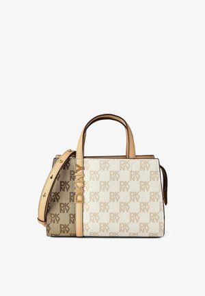 Rechteckige beige-braune DKNY-Handtasche mit zwei Tragegriffen, verstellbarem Schulterriemen und wiederholtem DKNY-Logo-Muster.