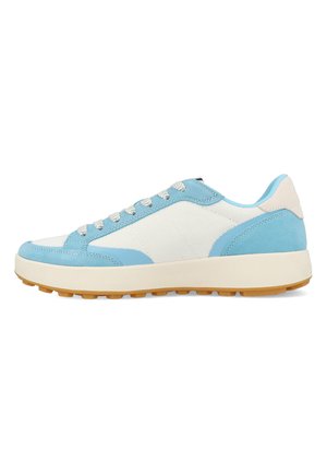 Blue and white sneaker featuring a suede and mesh upper, round toe, flat rubber sole, and six eyelets. Textured accents along the sides.