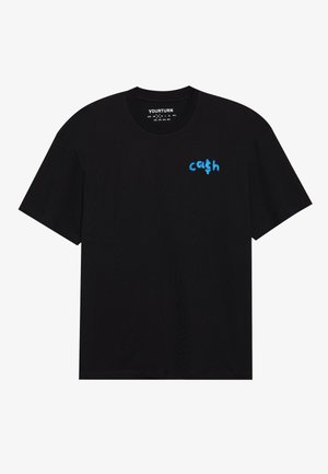 Black short-sleeve T-shirt made of cotton, featuring a blue embroidered message on the left chest. Classic crew neck design.