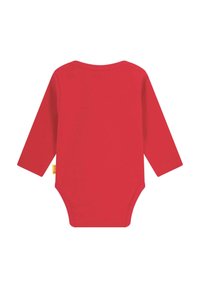 Red long-sleeve bodysuit made of soft cotton. Features a round neckline, snap closure at the bottom, and a small brand label on the side.