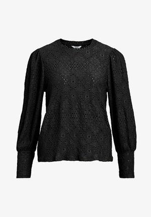 Zwarte lange mouwen blouse van gestructureerde kant stof, met een ronde halslijn en geplooide puffmouwen met aansluitende manchetten.