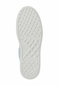 Scarpa di tela azzurra chiara con una suola in gomma bianca testurizzata, caratterizzata da un motivo a rombi e un logo sul fondo.