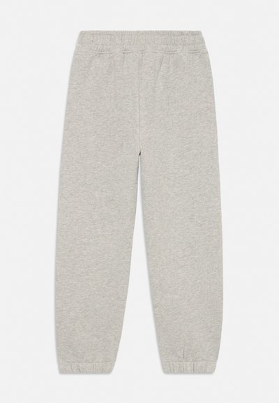 Lysegrå joggebukser med elastisk midjebånd og mansjetter, laget av mykt, melert stoff egnet for hverdagsbruk.