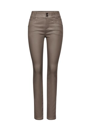 Brązowe, slim-fit spodnie wykonane z gładkiego, elastycznego materiału. Posiadają wysoki stan, dwie przednie kieszenie oraz dwa guziki z przodu.