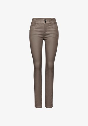 Brown, slim-fit pants made of a smooth, stretchy material. Features a high waistband, two front pockets, and two buttons at the top.