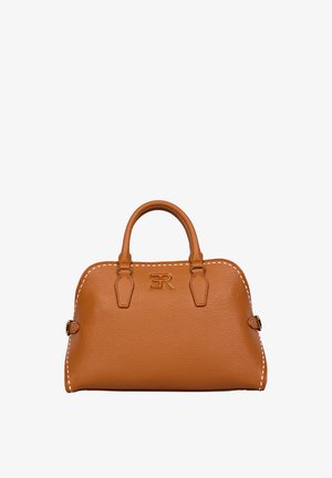 Borsa a mano in pelle color cuoio con doppio manico, cuciture bianche lungo i bordi e logo "ER" impresso al centro del pannello anteriore.