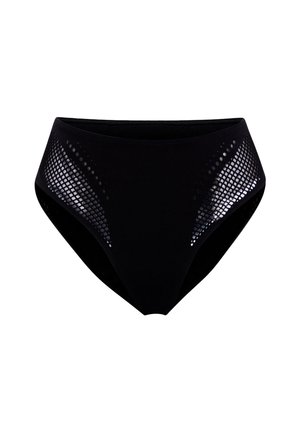Svart bikiniunderdel med hög midja, tillverkad av mjukt material, med meshpaneler på sidorna med ett prickigt mönster för ventilation.