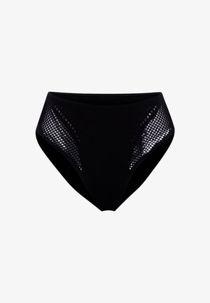 Svart bikiniunderdel med hög midja, tillverkad av mjukt material, med meshpaneler på sidorna med ett prickigt mönster för ventilation.