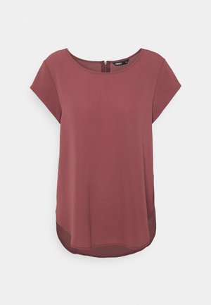 Maroon blouse with short sleeves, round neckline, and a back zipper. Made from textured fabric with a slightly curved hem.