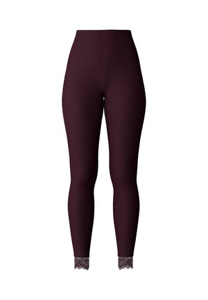 Bordeaux geribde leggings met een hoge tailleband; voorzien van kantafwerking bij de enkel. Glad textuur, aansluitend ontwerp en full-length stijl.
