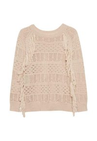 Suéter de punto en suave beige con patrones de calados, flecos texturizados a los lados y un cuello redondo tipo crew. Mangas largas, ajuste relajado.