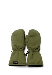 Manopole verde con un materiale esterno liscio e resistente all'acqua. Polsini elasticizzati con corde di regolazione. Etichetta di marca nell'area del polso.
