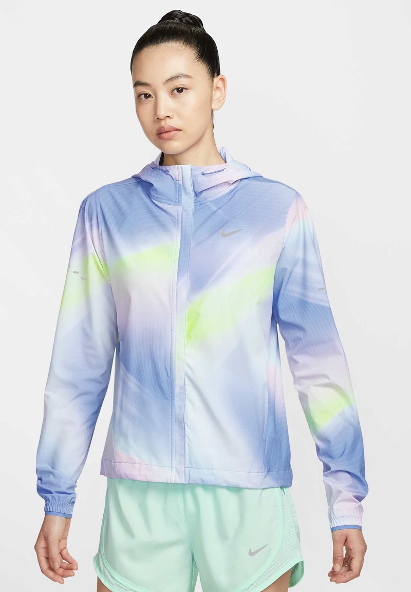 Lichtgewicht, hoodie-jack in een gradient van pastelkleuren (blauw, paars, groen) met subtiele strepen, met een ritssluiting en elastische manchetten.