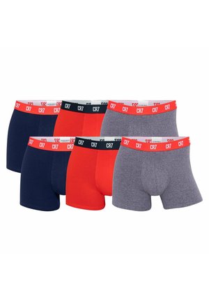 Sechs Paar Herren-Boxershorts in Navy, Rot und Grau, jeweils mit einem gebrandeten CR7-Bund in Rot oder Schwarz.