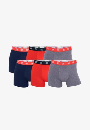 Zes paar herenboxershorts in marineblauw, rood en grijs, elk met een merkbare CR7 tailleband in rood of zwart.