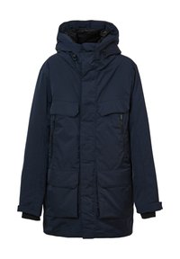 Parka isolante blu navy con cappuccio, due grandi tasche frontali, una tasca sul petto con zip e polsini elasticizzati. Tessuto liscio e resistente all'acqua.