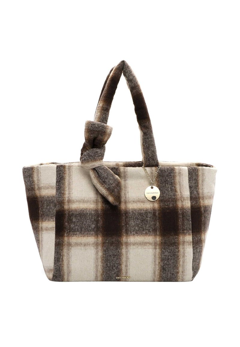 Plaid tote bag in soft fabric with brown, beige, and cream colors. Features knotted handles and a metal charm on the side.