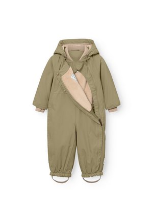 Salopette olive verte résistante à l'eau avec une doublure beige douce, dotée d'une fermeture éclair, d'une capuche et de poignets et sangles aux chevilles élastiques.