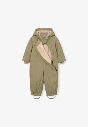 Veekindel oliivroheline üleriie pehme beige voodriga, millel on lukuga sulgemine, kapuuts ja elastsed mansetid ning pahklitõmbed.