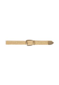 Cintura in tessuto intrecciato beige con fibbia rettangolare dorata e punta in metallo, esposta orizzontalmente su uno sfondo bianco.